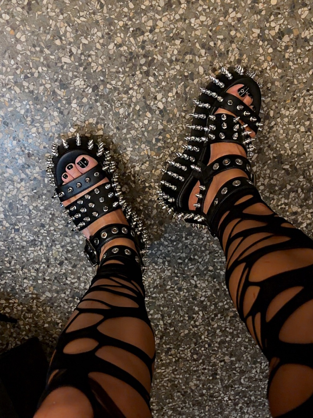 Black Spiked Platform Sandals with Silver Studs - Picture 7 of 7